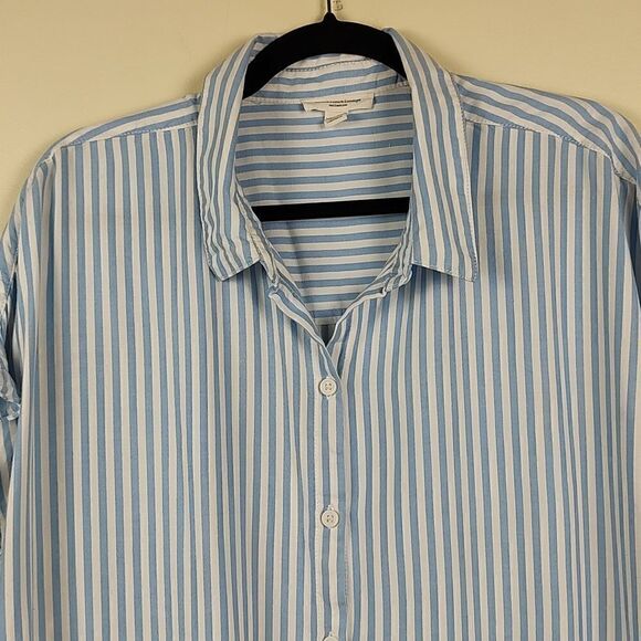 Beachlunchlounge Blue and White Striped Short Sleeve Button Front Blouse Size XL - Picture 6 of 11
